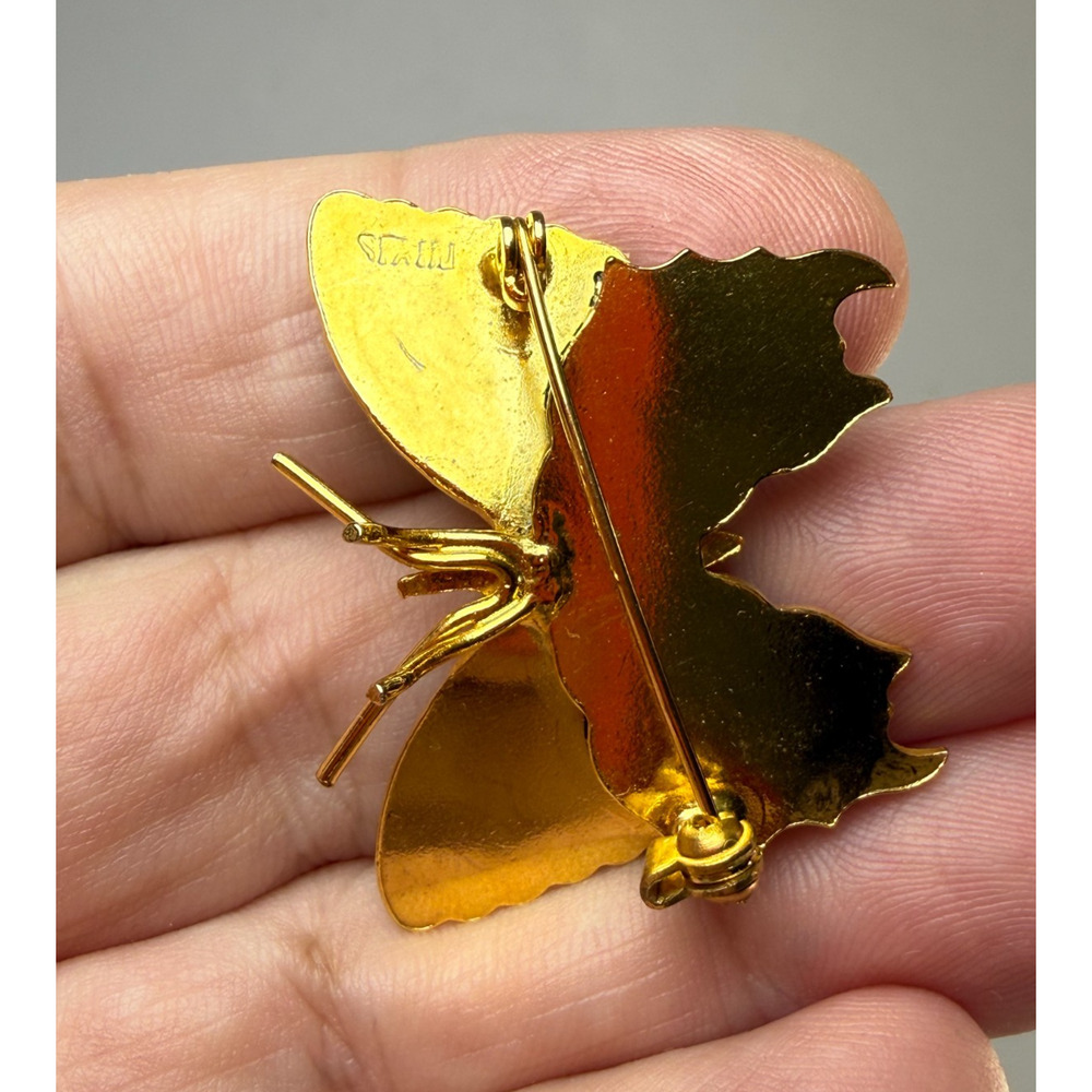 Vintage Gold Tone Orange Tail Damascene Butterfly Brooch Pin Marked Spain Enamel - Picture 3 of 4